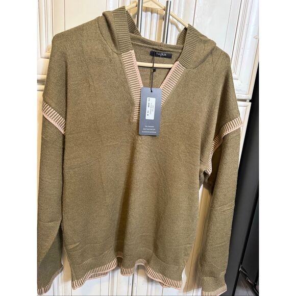 Valolia Women's V-Neck Hooded Knit Pullover Sweater Olive Green Size Medium NWT - Picture 9 of 12
